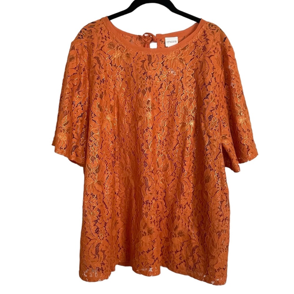 Chico's size 3 /XL Orange Gold Metallic Floral Lace Overlay Blouse‎ Sleeve Shirt